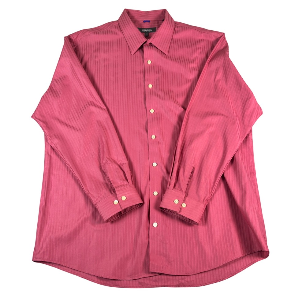 Kenneth Cole Reaction Mens Pink Stripe Slim Fit Dress Shirt 18 34-35 Cotton‎